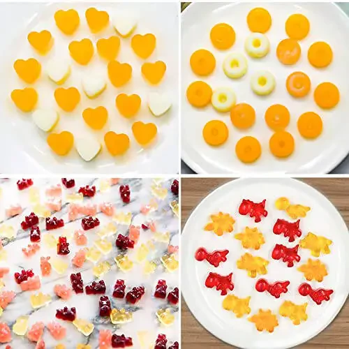 Gummy Bear Candy Molds Silicone, Gummy Molds with 2 Droppers, Non-Stick Silicone Candy Molds Including Mini Dinosaur, Bear Shape, Hearts and Mini Donut, Set of 4 - 4