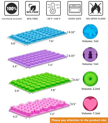 Gummy Bear Candy Molds Silicone, Gummy Molds with 2 Droppers, Non-Stick Silicone Candy Molds Including Mini Dinosaur, Bear Shape, Hearts and Mini Donut, Set of 4 - 7