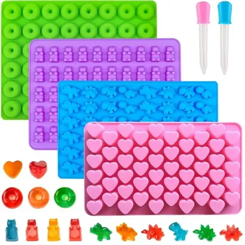 WARM TIME Gummy Bear Candy Molds Silicone, Mini Gummy Molds with 2 Droppers, Food Grade Non-Stick Silicone Molds Including Heart, Dinosaur, Bear, and Donut, Set of 4 - 1