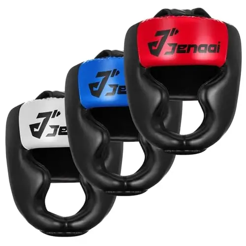 Jenaai 3 Pack Boxing Headgear for MMA, Kickboxing Muay Thai Sparring | PU Leather, High-density Foam, 22.8-25.6 in Adjustable Fit, 5.3 oz Lightweight Design, Red Blue Black White Headgear Included - 1