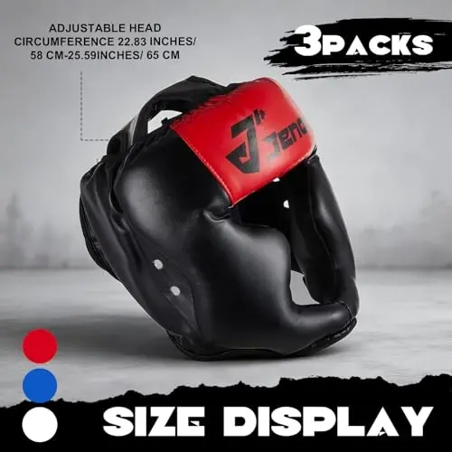Jenaai 3 Pack Boxing Headgear for MMA, Kickboxing Muay Thai Sparring | PU Leather, High-density Foam, 22.8-25.6 in Adjustable Fit, 5.3 oz Lightweight Design, Red Blue Black White Headgear Included - 2