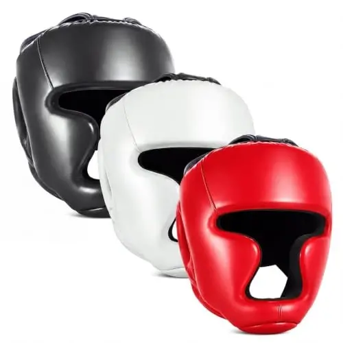 Jenaai 3 Pack Boxing Headgear for MMA, Kickboxing Muay Thai Sparring | PU Leather, High-density Foam, 22.8-25.6 in Adjustable Fit, 5.3 oz Lightweight Design, Red Blue Black White Headgear Included - 1