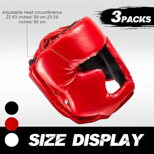Jenaai 3 Pack Boxing Headgear for MMA, Kickboxing Muay Thai Sparring | PU Leather, High-density Foam, 22.8-25.6 in Adjustable Fit, 5.3 oz Lightweight Design, Red Blue Black White Headgear Included - 2