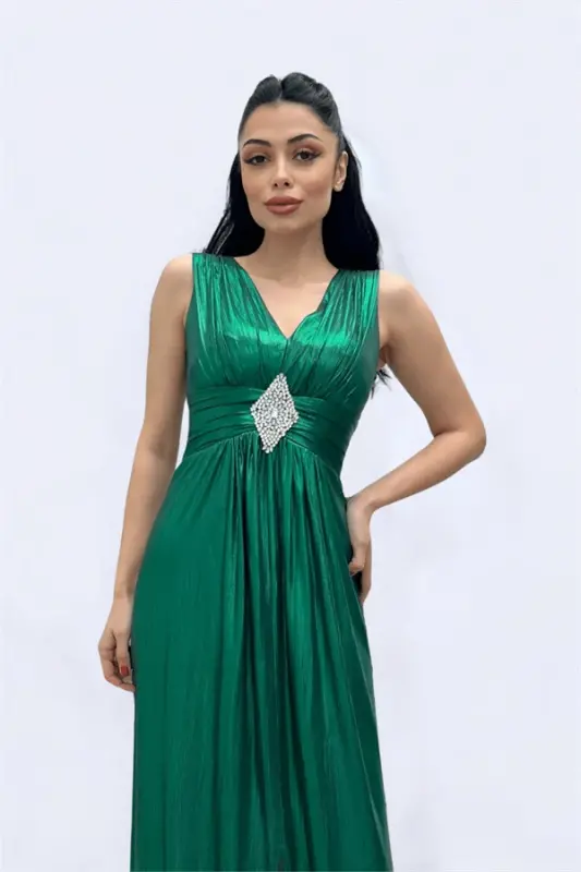 Jersey Fabric Belt Stone Detailed Evening Dress - EMERALD GREEN - BÜYÜKBEDENIZ