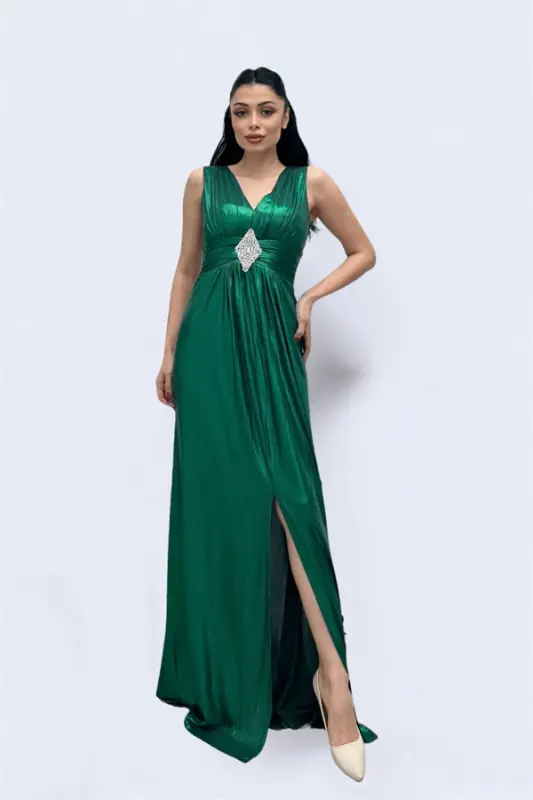 Jersey Fabric Belt Stone Detailed Evening Dress - EMERALD GREEN - 2