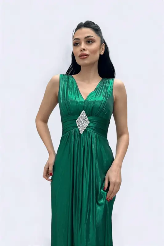 Jersey Fabric Belt Stone Detailed Evening Dress - EMERALD GREEN - 3
