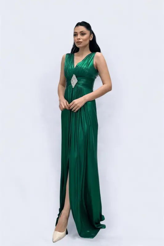 Jersey Fabric Belt Stone Detailed Evening Dress - EMERALD GREEN - 4