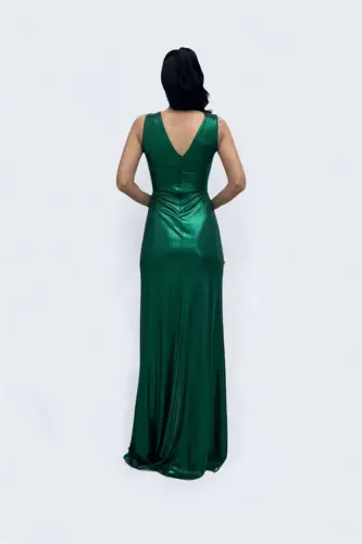 Jersey Fabric Belt Stone Detailed Evening Dress - EMERALD GREEN - 5