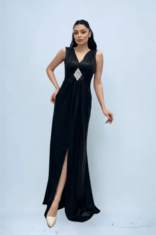 Jersey Fabric Belted Stone Detailed Evening Dress - BLACK - 2