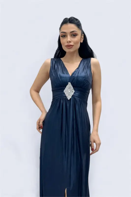 Jersey Fabric Belted Stone Detailed Evening Dress - NAVY BLUE - BÜYÜKBEDENIZ