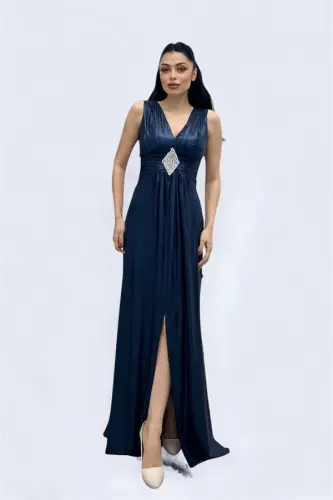 Jersey Fabric Belted Stone Detailed Evening Dress - NAVY BLUE - BÜYÜKBEDENIZ (1)