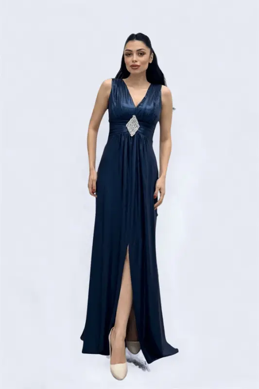 Jersey Fabric Belted Stone Detailed Evening Dress - NAVY BLUE - 2