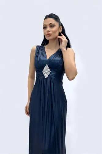 Jersey Fabric Belted Stone Detailed Evening Dress - NAVY BLUE - 3