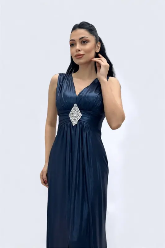 Jersey Fabric Belted Stone Detailed Evening Dress - NAVY BLUE - 3