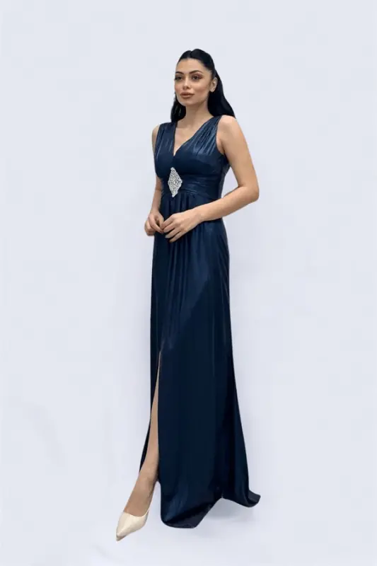 Jersey Fabric Belted Stone Detailed Evening Dress - NAVY BLUE - 4