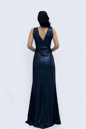 Jersey Fabric Belted Stone Detailed Evening Dress - NAVY BLUE - 5