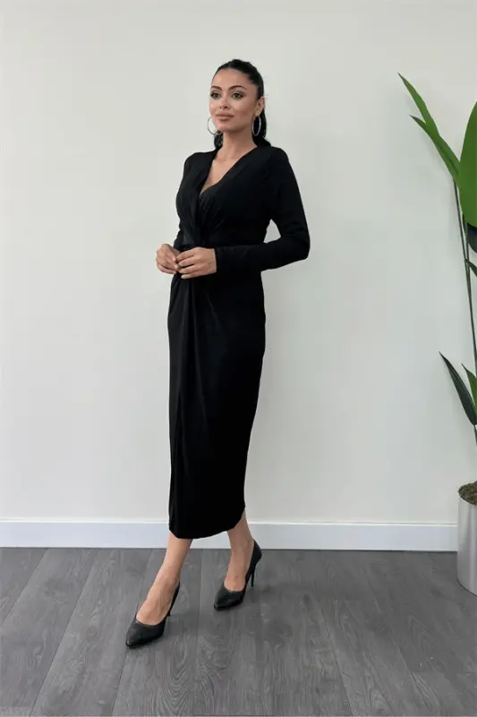 Jersey Fabric Design Pen Dress - BLACK - BÜYÜKBEDENIZ
