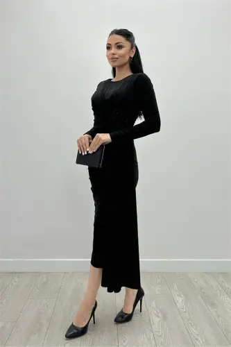 Jersey Fabric Draped Stone Detailed Dress - BLACK - BÜYÜKBEDENIZ (1)