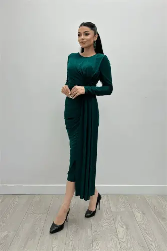 Jersey Fabric Draped Stone Detailed Dress - EMERALD GREEN - 1