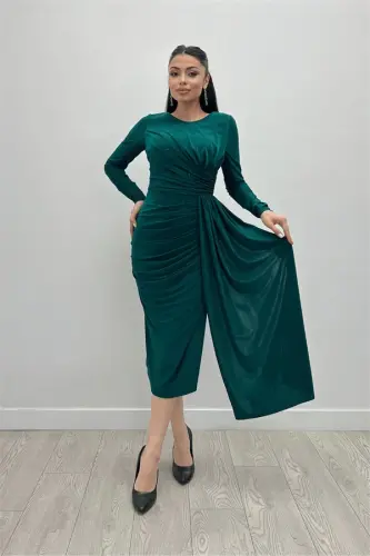 Jersey Fabric Draped Stone Detailed Dress - EMERALD GREEN - BÜYÜKBEDENIZ (1)