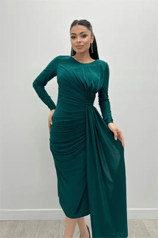 Jersey Fabric Draped Stone Detailed Dress - EMERALD GREEN - 3
