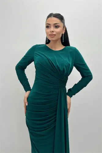 Jersey Fabric Draped Stone Detailed Dress - EMERALD GREEN - 4