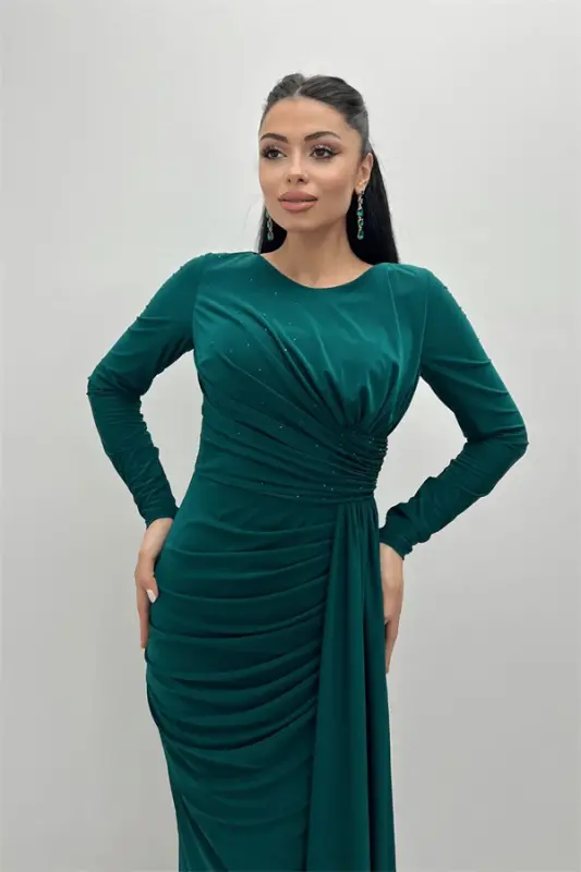 Jersey Fabric Draped Stone Detailed Dress - EMERALD GREEN - 4