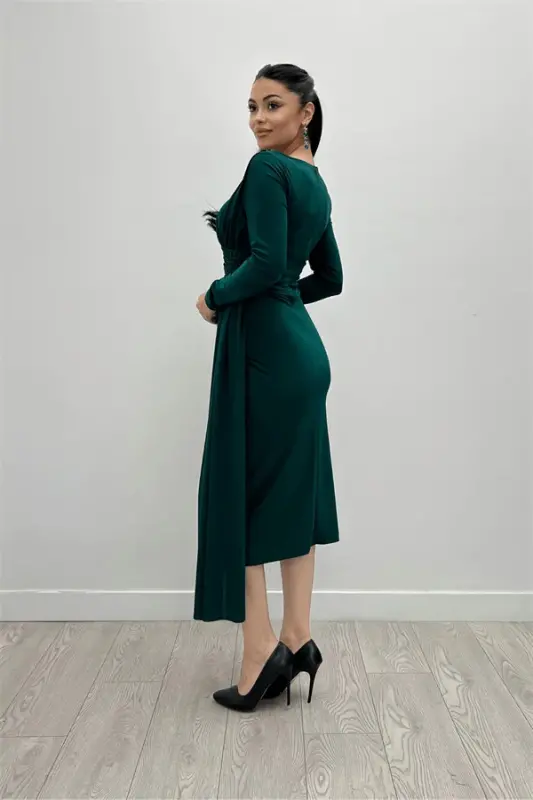 Jersey Fabric Draped Stone Detailed Dress - EMERALD GREEN - 5