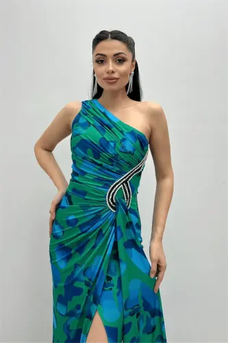 Jersey Fabric Draped Stone Detailed Fish Dress - GREEN - 4