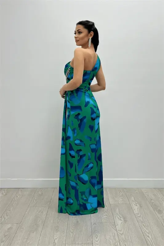 Jersey Fabric Draped Stone Detailed Fish Dress - GREEN - 5