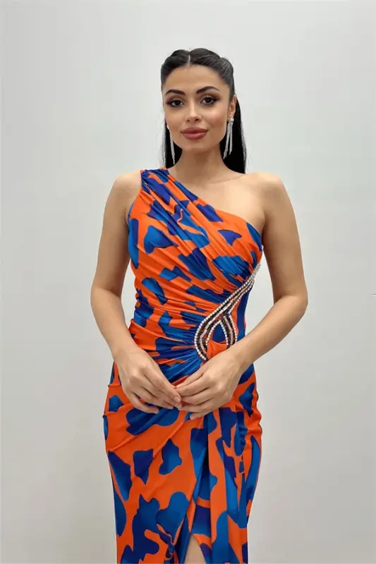 Jersey Fabric Draped Stone Detailed Fishtail Dress - ORANGE - 3