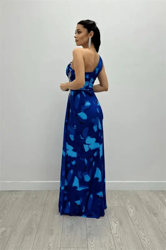 Jersey Fabric Draped Stone Detailed Fishtail Dress - SAXE BLUE - 5