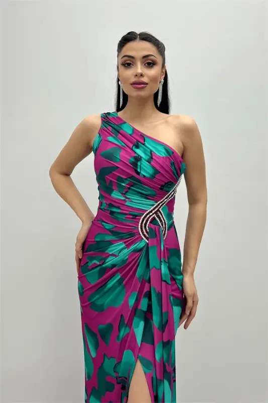 Jersey Fabric Draped Stone Detailed Mermaid Dress - PINK - 3