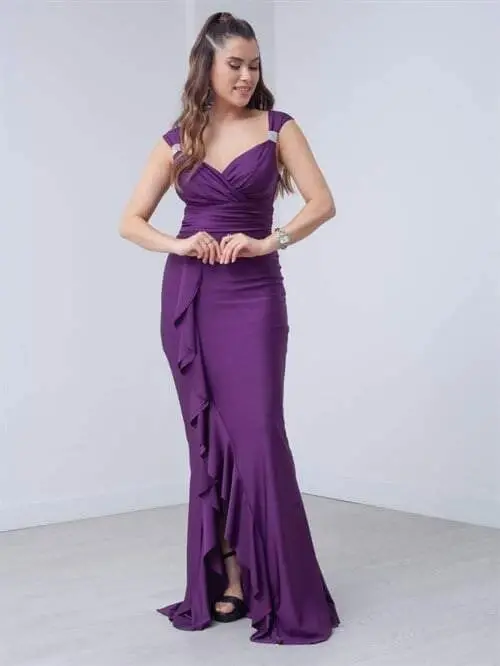 Jersey Fabric Dress with Ruffle Detail - EGGPLANT PURPLE - BÜYÜKBEDENIZ