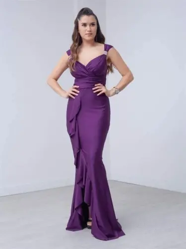 Jersey Fabric Dress with Ruffle Detail - EGGPLANT PURPLE - BÜYÜKBEDENIZ (1)