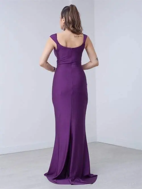 Jersey Fabric Dress with Ruffle Detail - EGGPLANT PURPLE - 5