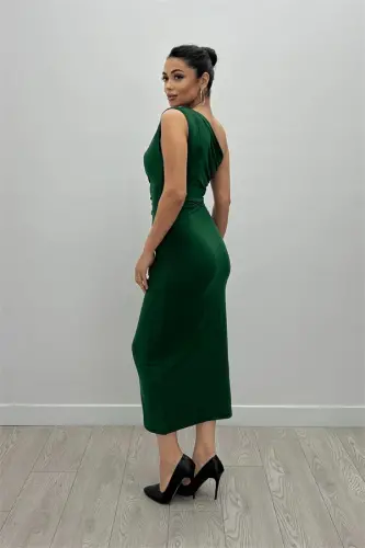 Jersey Fabric One Shoulder Gathered Detail Pencil Dress - EMERALD GREEN - 5