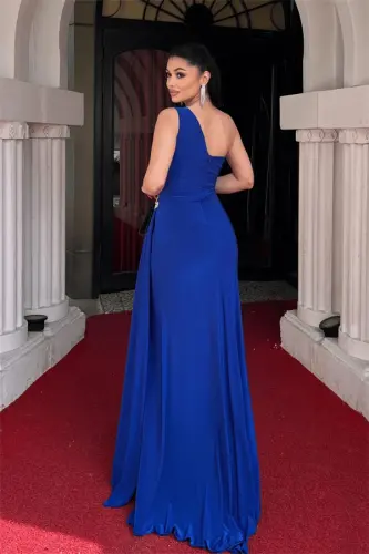 Jersey Fabric One Shoulder Stone Detailed Shawl Detailed Evening Dress - SAX BLUE - 5