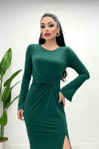 Jersey Fabric Ruched Detail Dress - EMERALD GREEN - 1