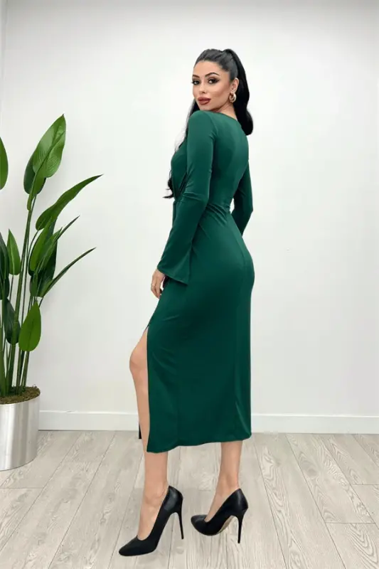 Jersey Fabric Ruched Detail Dress - EMERALD GREEN - 6
