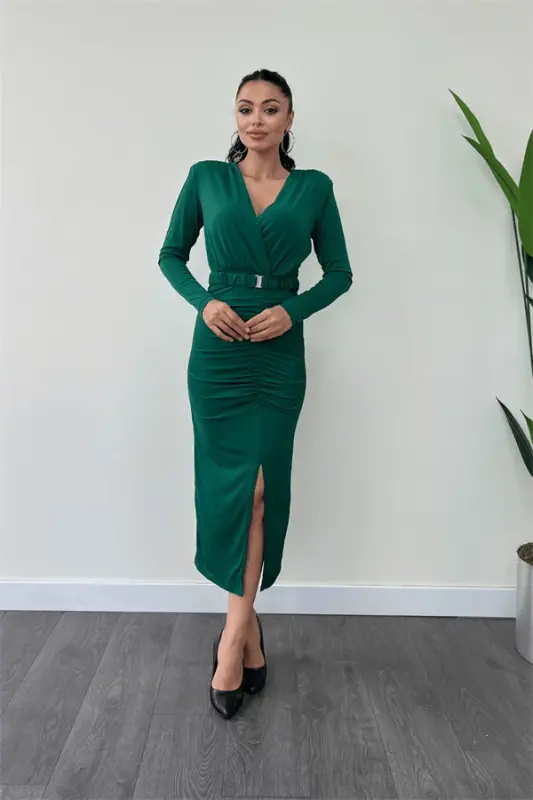 Jersey Fabric Ruched Detail Pencil Dress - EMERALD GREEN - 2