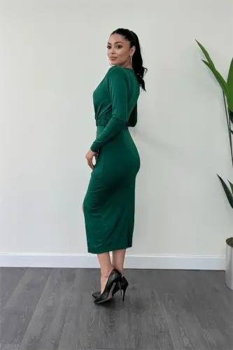 Jersey Fabric Ruched Detail Pencil Dress - EMERALD GREEN - 5