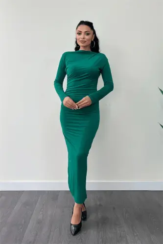 Jersey Fabric Ruched Pencil Dress - EMERALD GREEN - 1