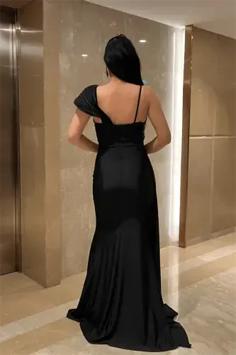 Jersey Fabric Shawl Patterned Evening Dress - BLACK - 5