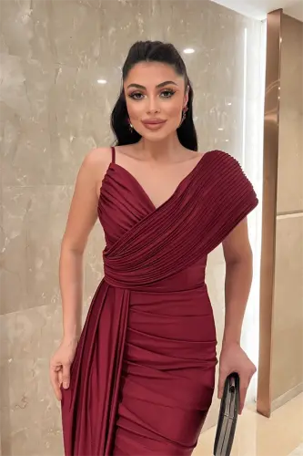 Jersey Fabric Shawl Patterned Evening Dress - BURGUNDY - 4