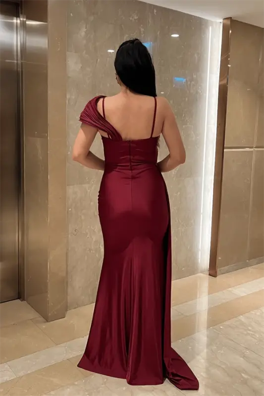 Jersey Fabric Shawl Patterned Evening Dress - BURGUNDY - 5