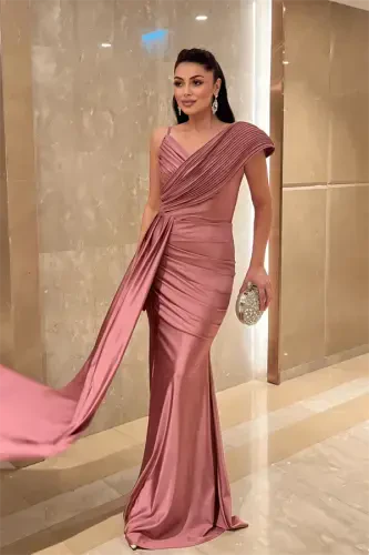 Jersey Fabric Shawl Patterned Evening Dress - ROSE - BÜYÜKBEDENIZ (1)