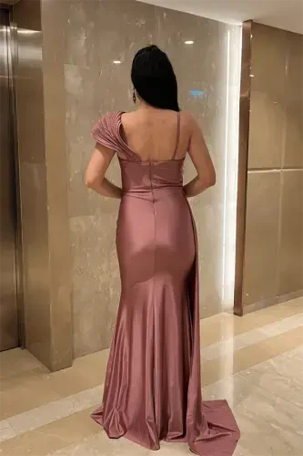 Jersey Fabric Shawl Patterned Evening Dress - ROSE - 5