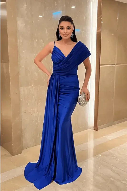 Jersey Fabric Shawl Patterned Evening Dress - SAPPHIRE BLUE - BÜYÜKBEDENIZ