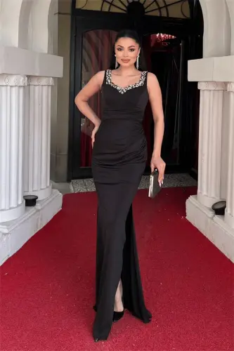 Jersey Fabric Stone Detailed Evening Dress - BLACK - 1